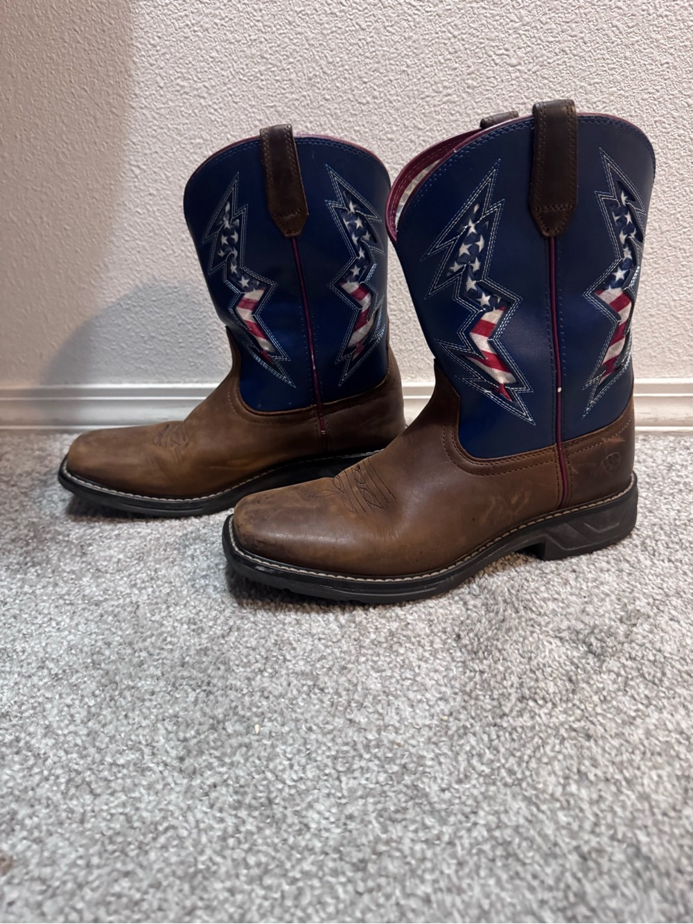 Ariat Brown Leather Work Boots with Blue Patriotic Shaft